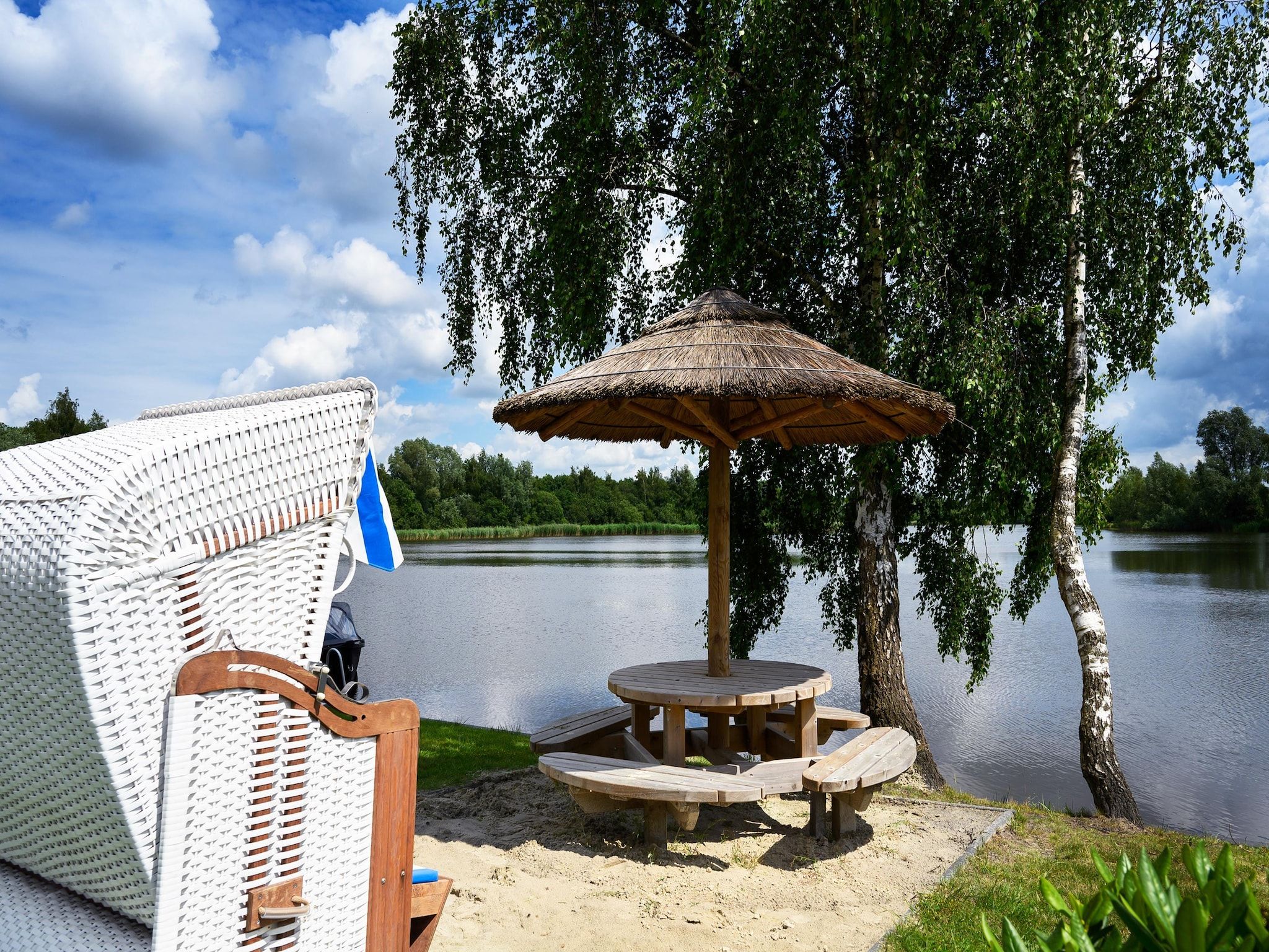 De tuin van 12 pers Lethehuis met sauna buitenspa en toerboot in Vlagtwedde