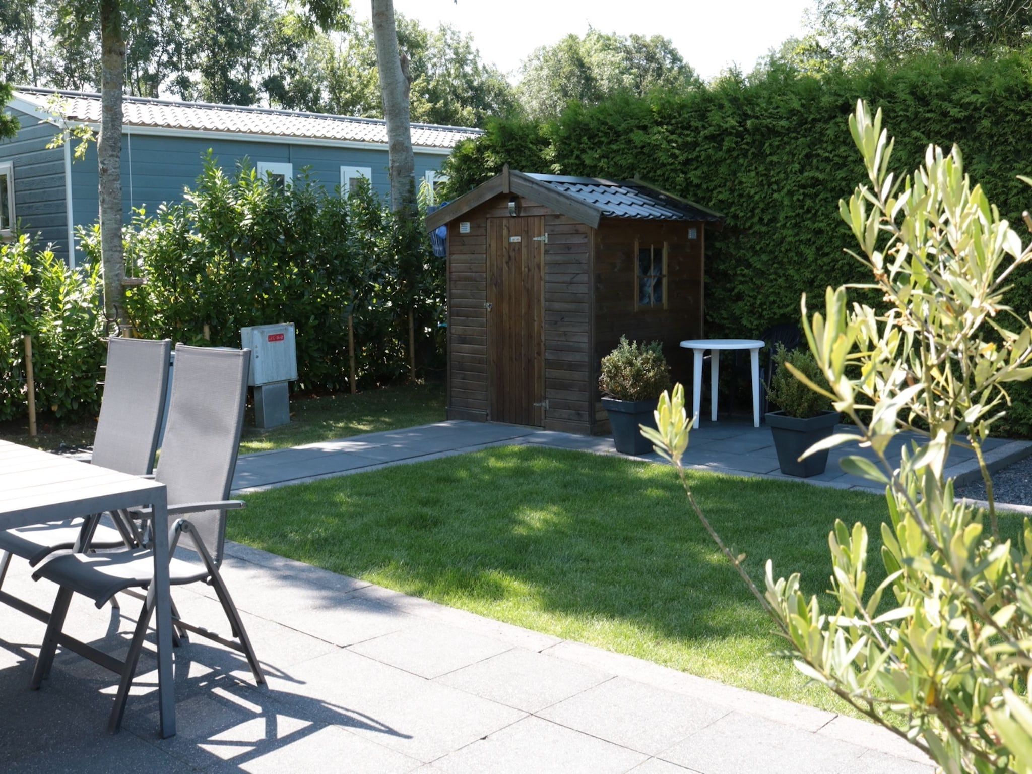 De tuin van 2 chalets naast elkaar in Tzummarum
