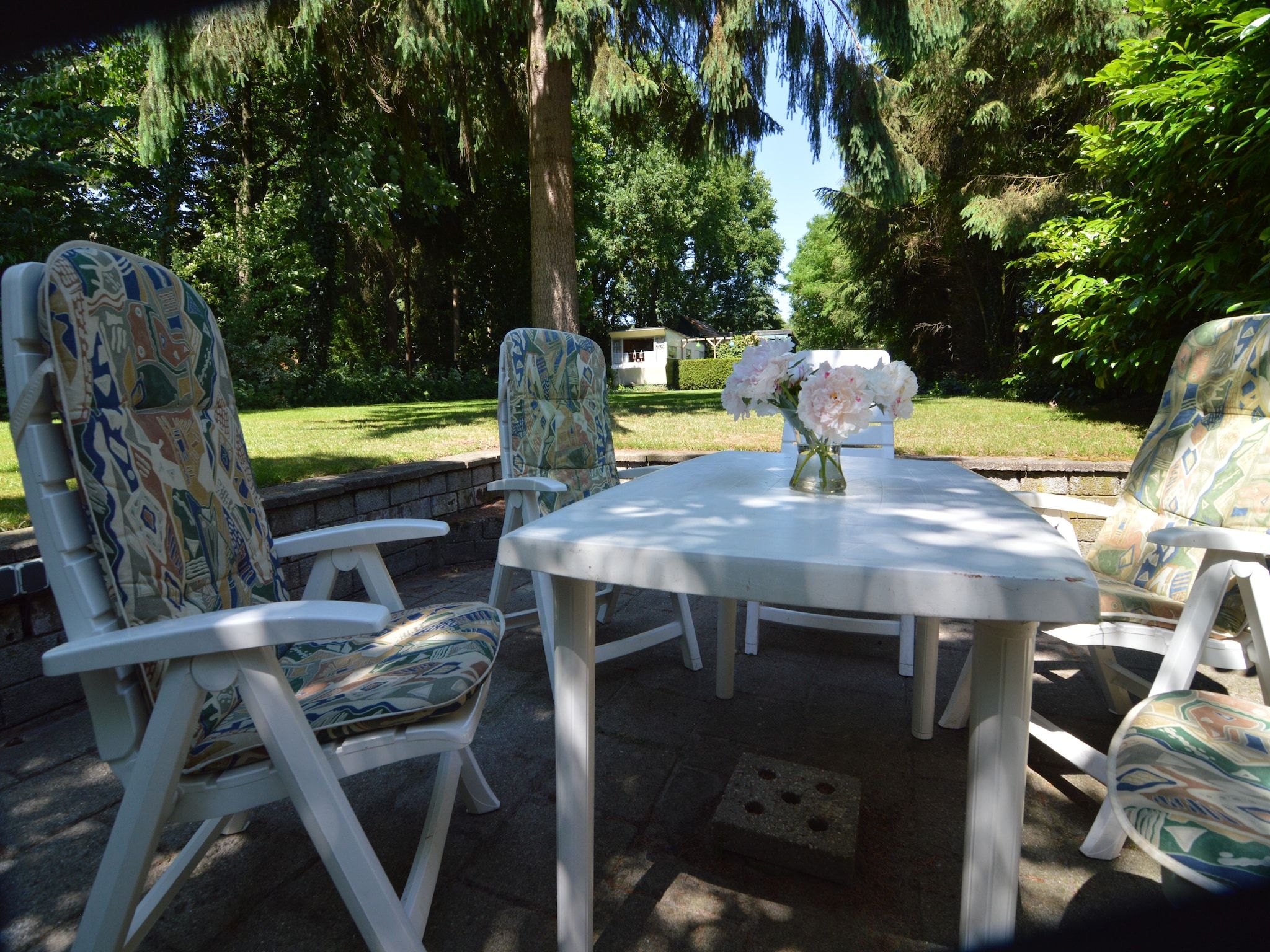 Het terras van Little White Cottage in Nijeberkoop