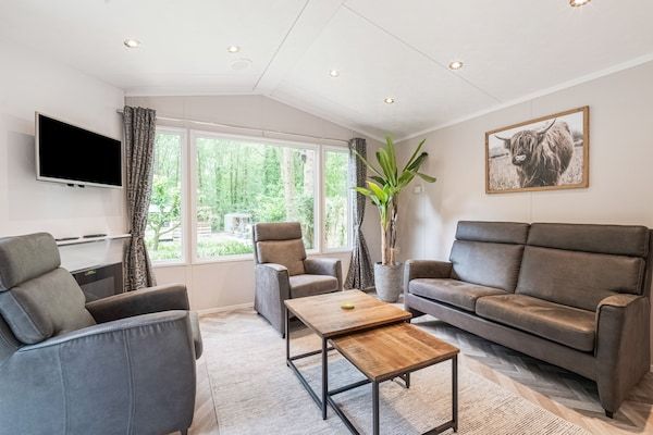 Woonkamer - chalet in het bos met zwembad in Vledder (2)